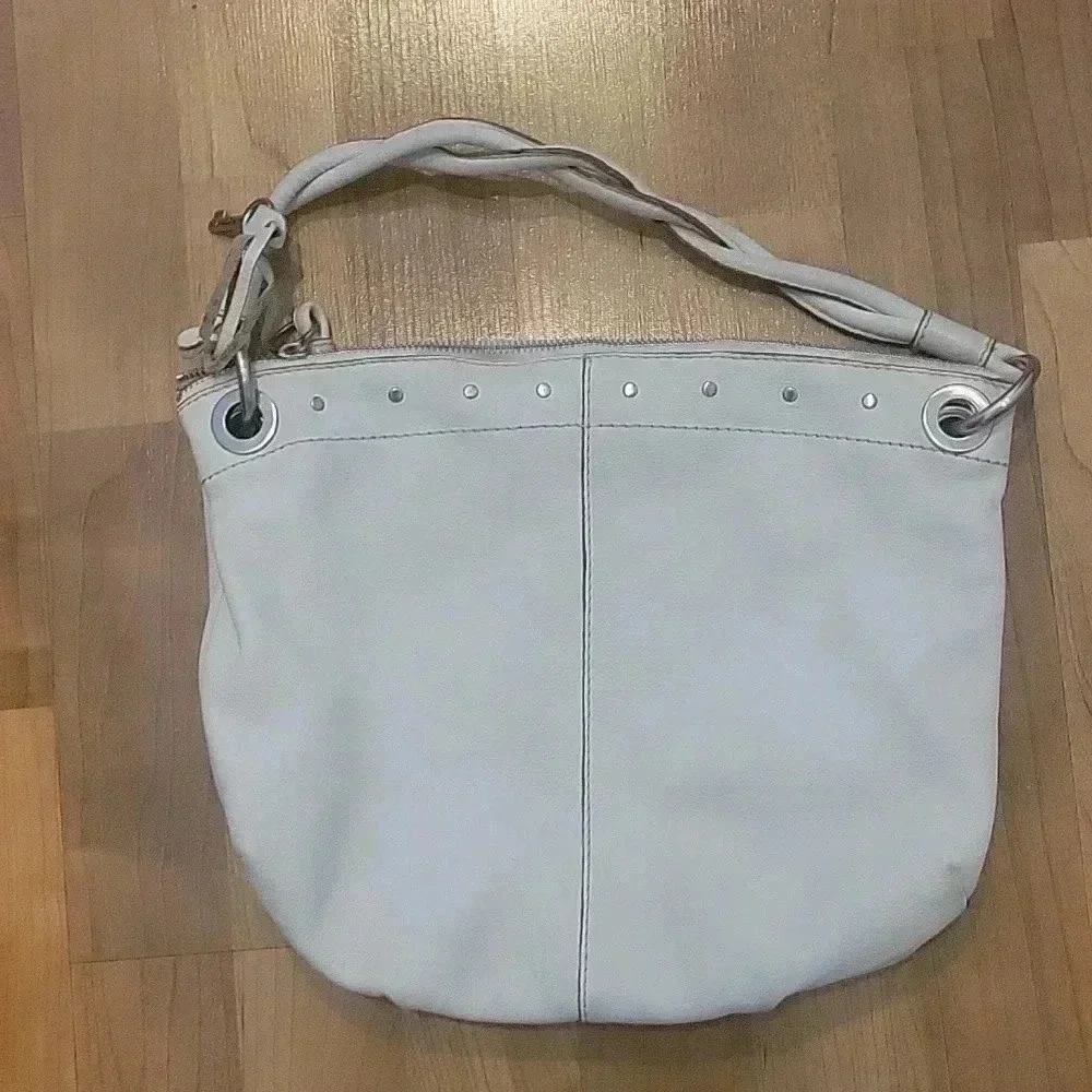 Fossil Hobo Bag Braided Handle Metallic Studs Grommets Genuine Leather Cream